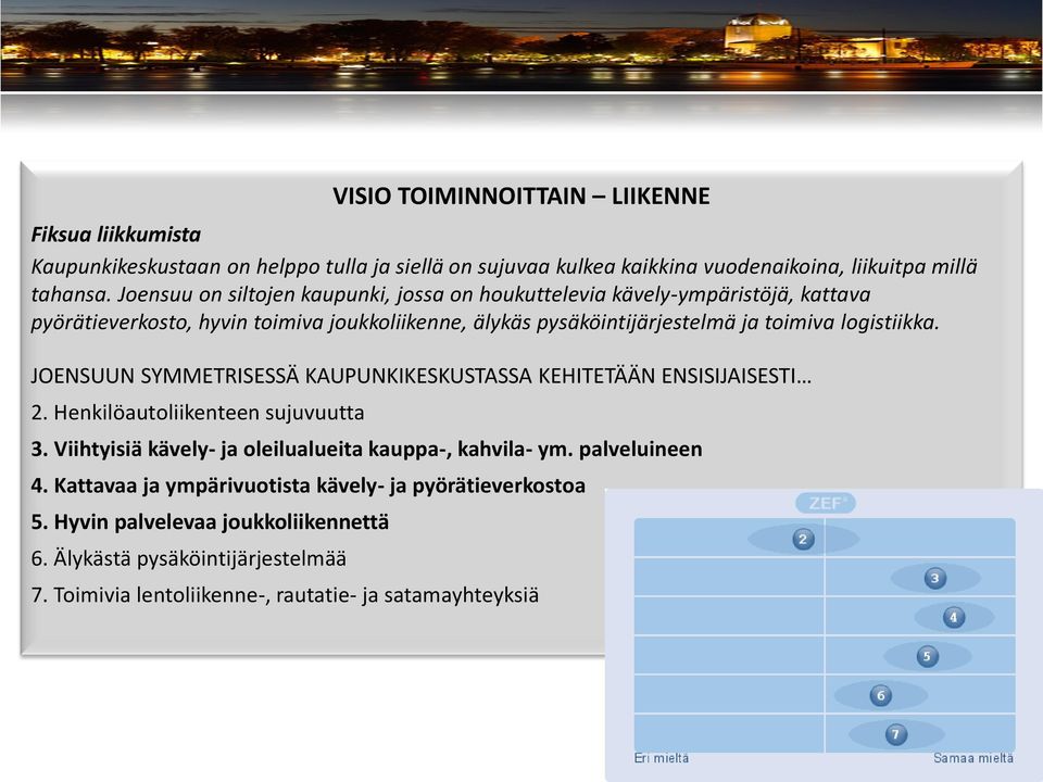 logistiikka. JOENSUUN SYMMETRISESSÄ KAUPUNKIKESKUSTASSA KEHITETÄÄN ENSISIJAISESTI 2. Henkilöautoliikenteen sujuvuutta 3. Viihtyisiä kävely- ja oleilualueita kauppa-, kahvila- ym.