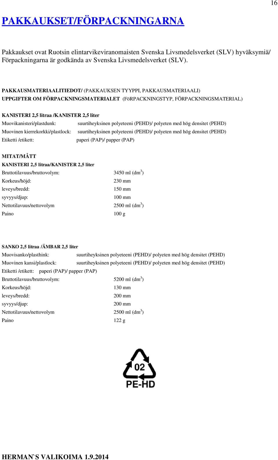 Muovikanisteri/plastdunk: suurtiheyksinen polyeteeni (PEHD)/ polyeten med hög densitet (PEHD) Muovinen kierrekorkki/plastlock: suurtiheyksinen polyeteeni (PEHD)/ polyeten med hög densitet (PEHD)