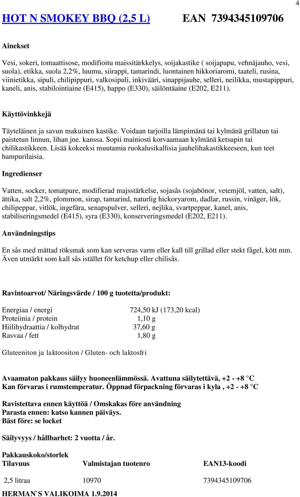 happo (E330), säilöntäaine (E202, E211). Täyteläinen ja savun makuinen kastike. Voidaan tarjoilla lämpimänä tai kylmänä grillatun tai paistetun linnun, lihan jne. kanssa.