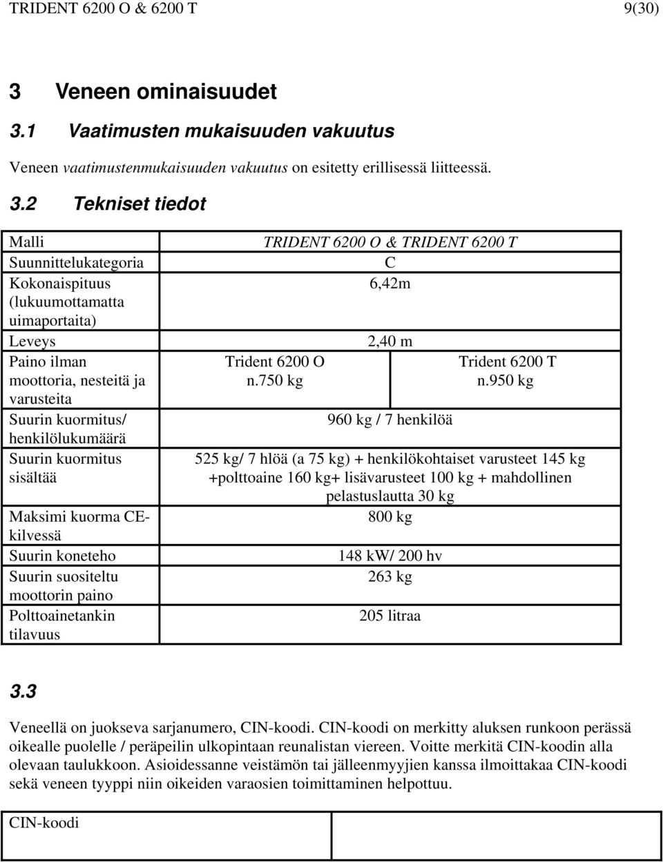 1 Vaatimusten mukaisuuden vakuutus Veneen vaatimustenmukaisuuden vakuutus on esitetty erillisessä liitteessä. 3.