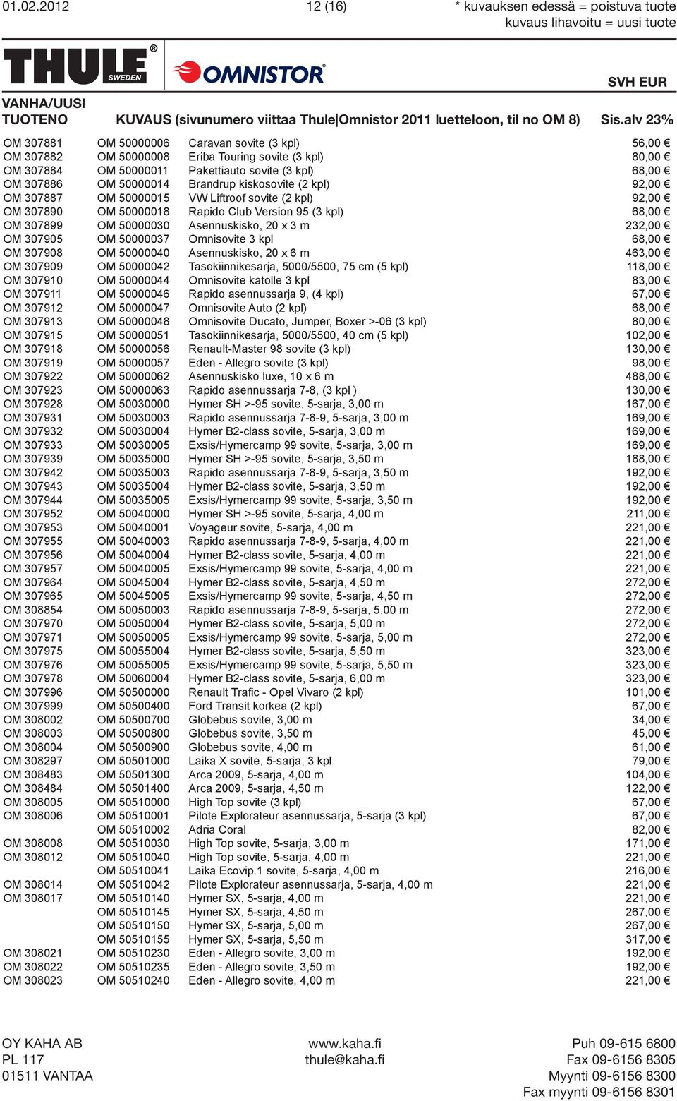 Brandrup kiskosovite (2 kpl) 92,00 OM 307887 OM 50000015 VW Liftroof sovite (2 kpl) 92,00 OM 307890 OM 50000018 Rapido Club Version 95 (3 kpl) 68,00 OM 307899 OM 50000030 Asennuskisko, 20 x 3 m