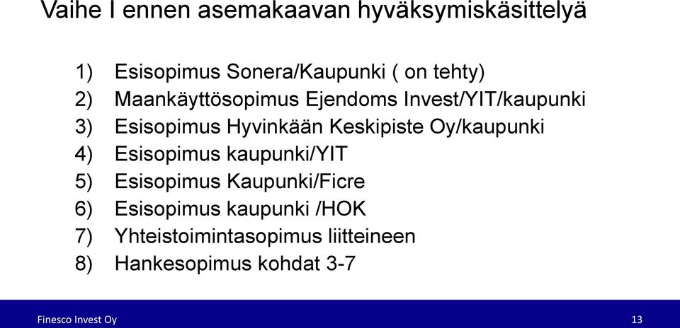 Oy/kaupunki 4) Esisopimus kaupunki/yit 5) Esisopimus Kaupunki/Ficre 6) Esisopimus