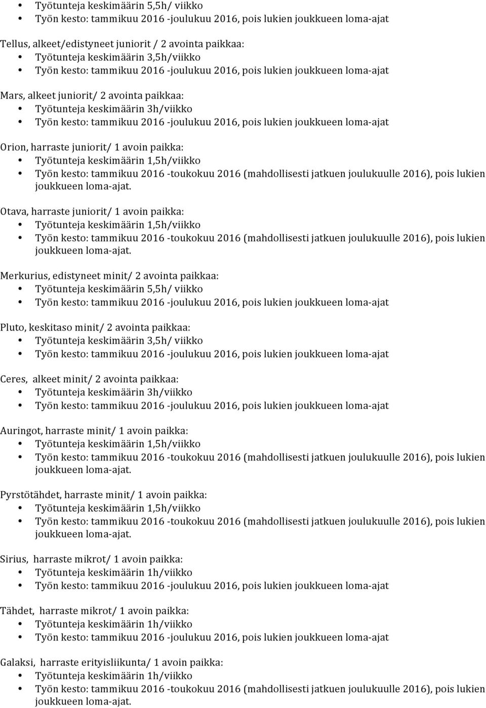 paikkaa: Työtunteja keskimäärin 3,5h/ viikko Ceres, alkeet minit/ 2 avointa paikkaa: Auringot, harraste minit/ 1 avoin paikka: Pyrstötähdet, harraste