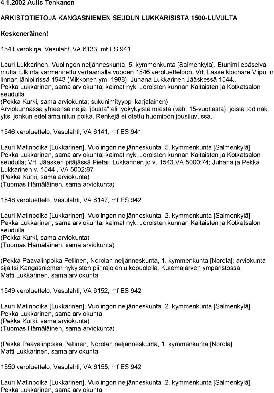 1988), Juhana Lukkarinen Jääskessä 1544.. Pekka Lukkarinen, sama arviokunta; kaimat nyk.
