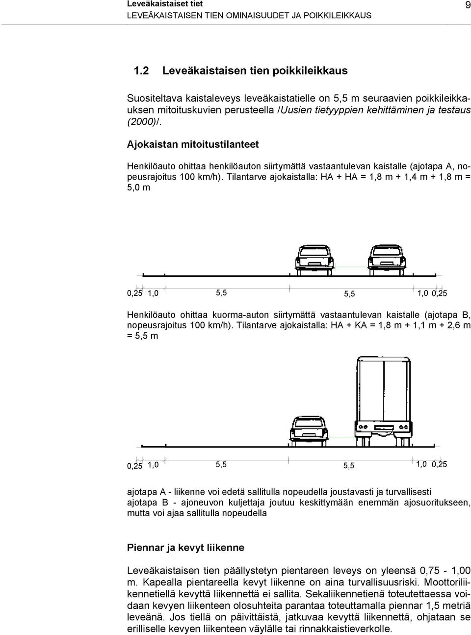 Ajokaistan mitoitustilanteet Henkilöauto ohittaa henkilöauton siirtymättä vastaantulevan kaistalle (ajotapa A, nopeusrajoitus 100 km/h).