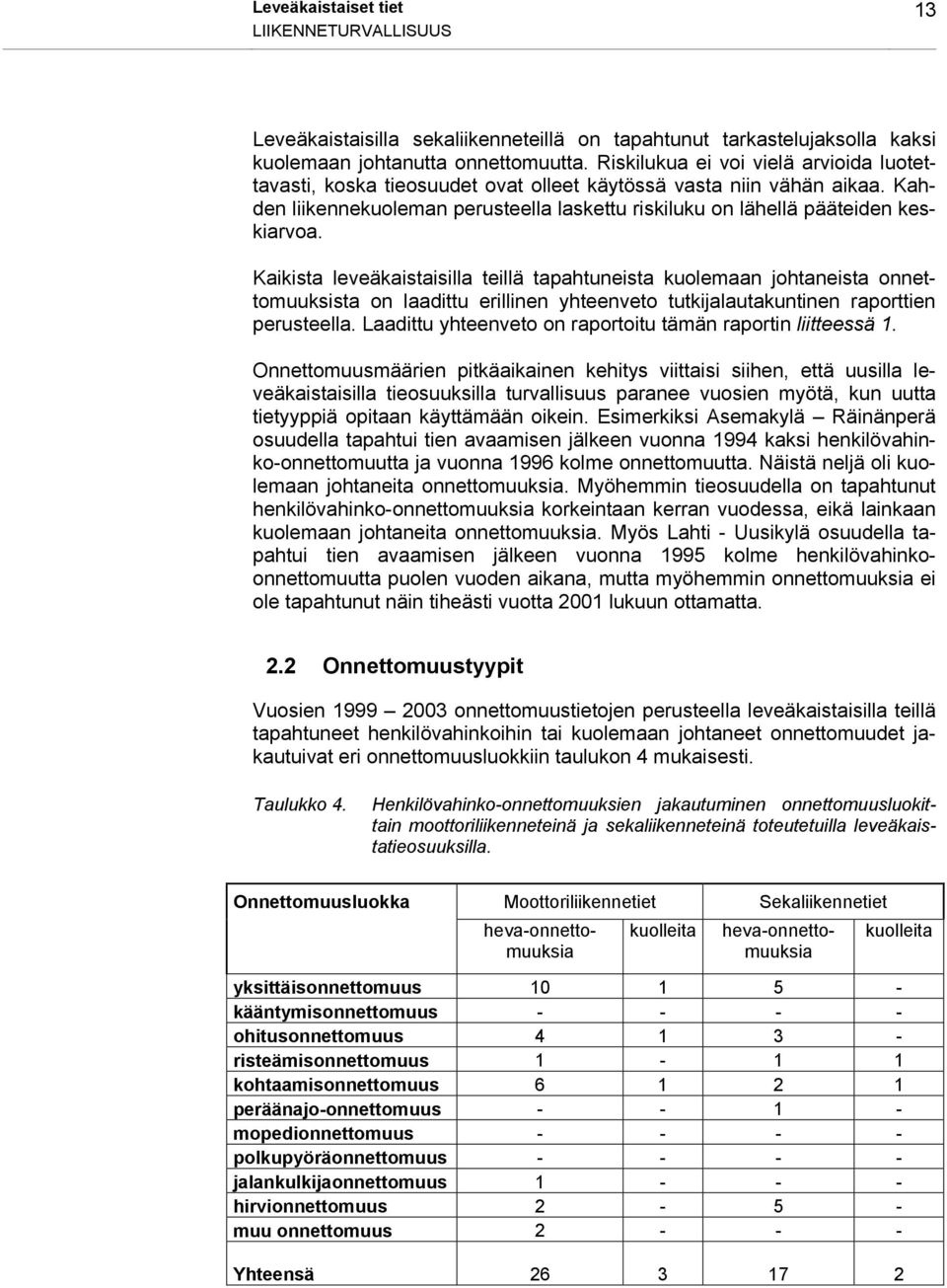 Kaikista leveäkaistaisilla teillä tapahtuneista kuolemaan johtaneista onnettomuuksista on laadittu erillinen yhteenveto tutkijalautakuntinen raporttien perusteella.