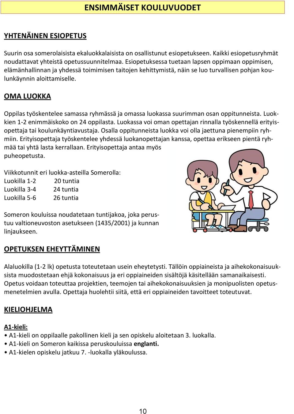 OMA LUOKKA Oppilas työskentelee samassa ryhmässä ja omassa luokassa suurimman osan oppitunneista. Luokkien 1-2 enimmäiskoko on 24 oppilasta.