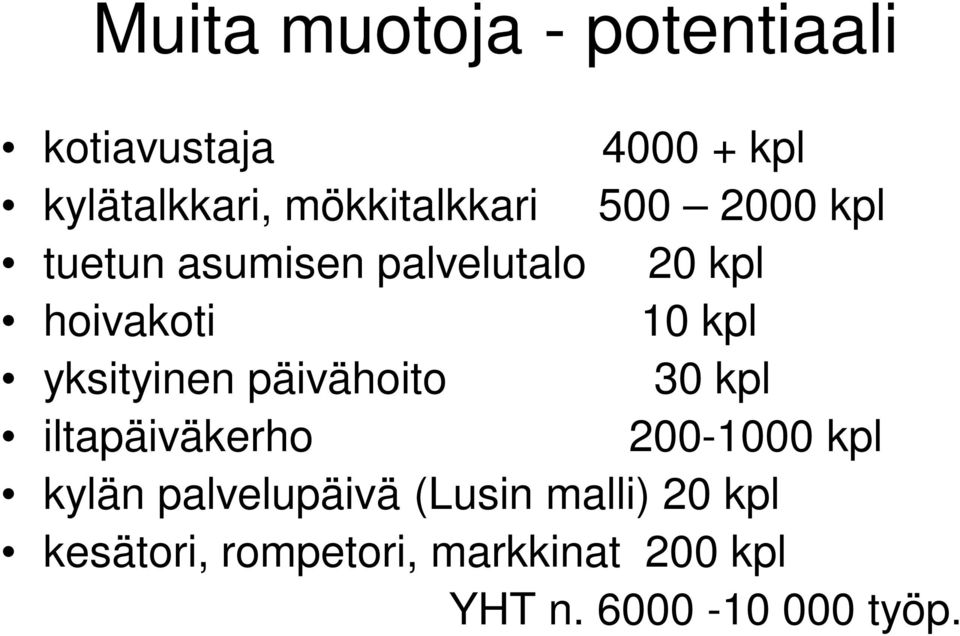 kpl yksityinen päivähoito 30 kpl iltapäiväkerho 200-1000 kpl kylän