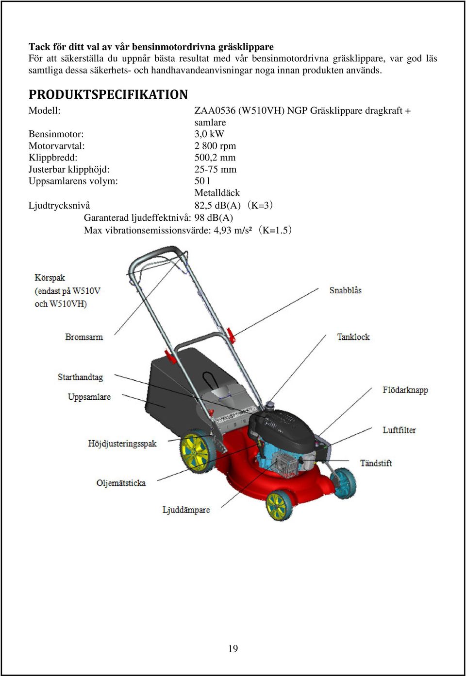 PRODUKTSPECIFIKATION Modell: ZAA0536 (W510VH) NGP Gräsklippare dragkraft + samlare Bensinmotor: 3,0 kw Motorvarvtal: 2 800 rpm Klippbredd: