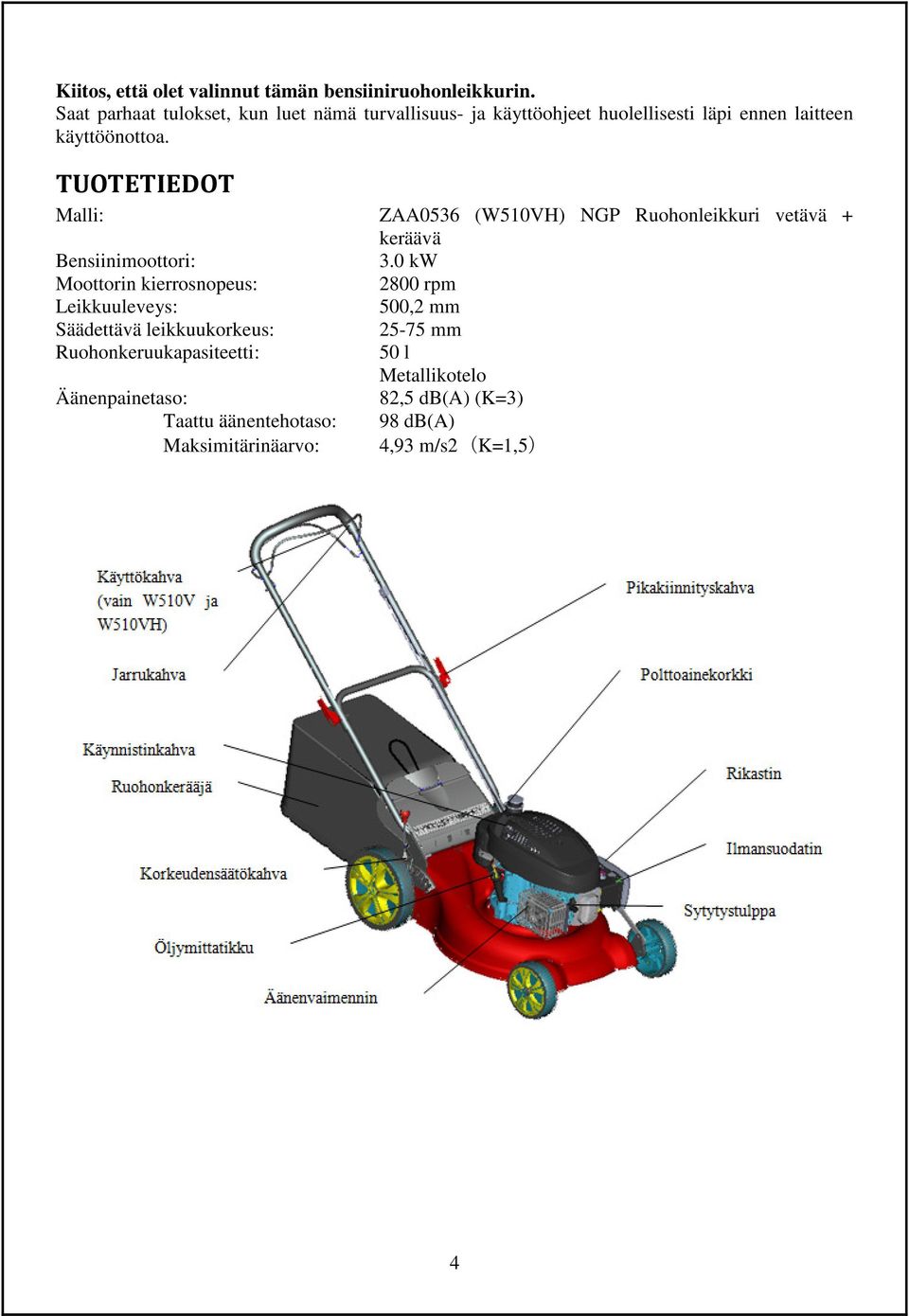 TUOTETIEDOT Malli: ZAA0536 (W510VH) NGP Ruohonleikkuri vetävä + keräävä Bensiinimoottori: 3.