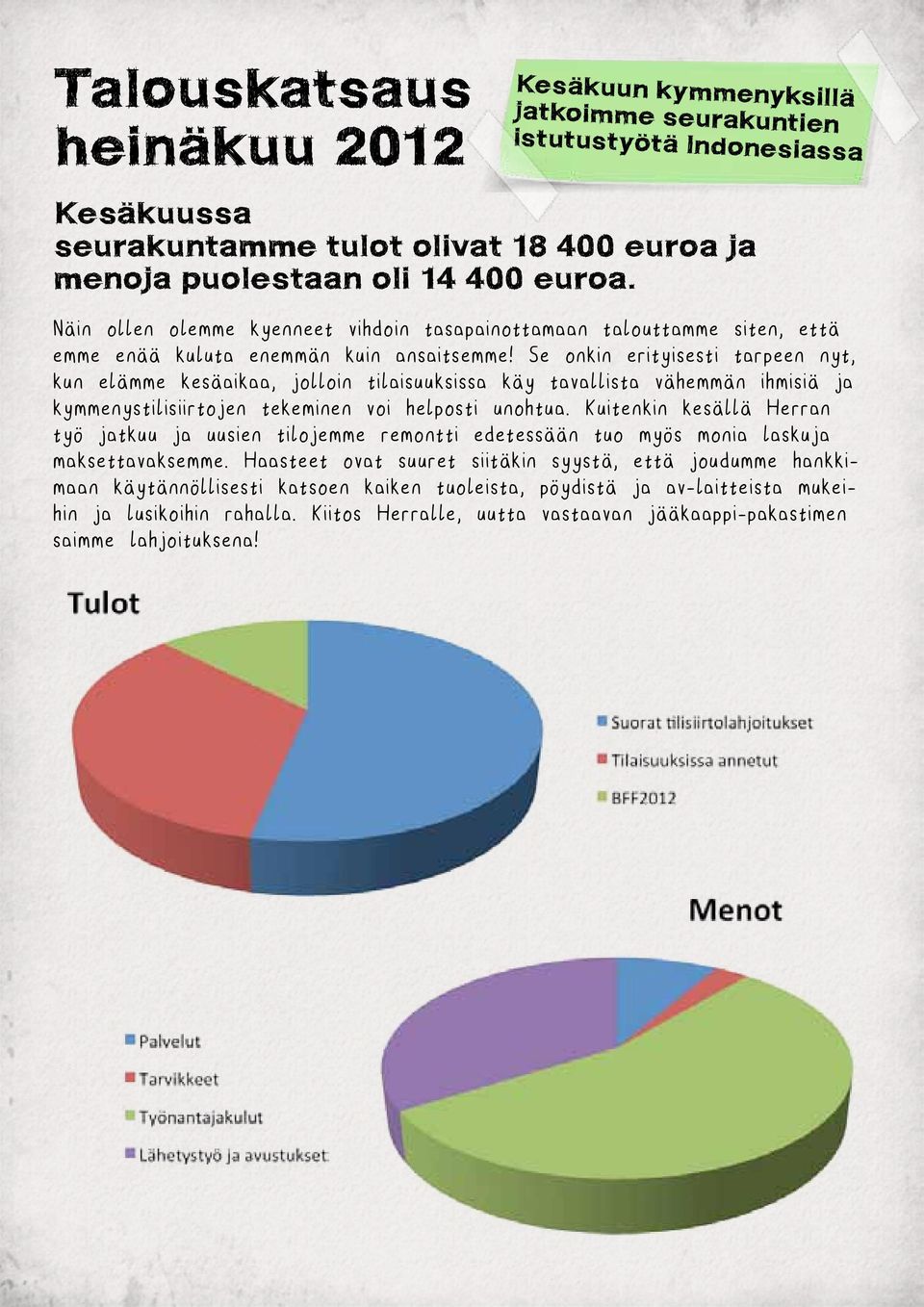 Se onkin erityisesti tarpeen nyt, kun elämme kesäaikaa, jolloin tilaisuuksissa käy tavallista vähemmän ihmisiä ja kymmenystilisiirtojen tekeminen voi helposti unohtua.