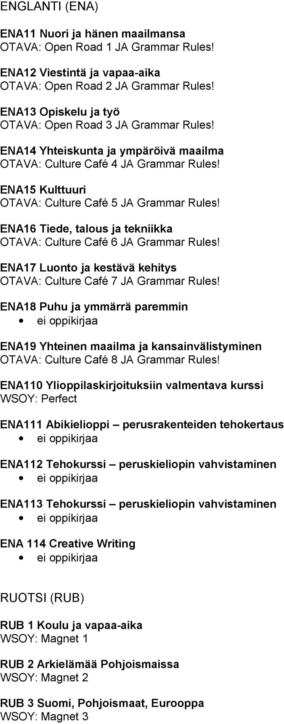 ENA16 Tiede, talous ja tekniikka OTAVA: Culture Café 6 JA Grammar Rules! ENA17 Luonto ja kestävä kehitys OTAVA: Culture Café 7 JA Grammar Rules!