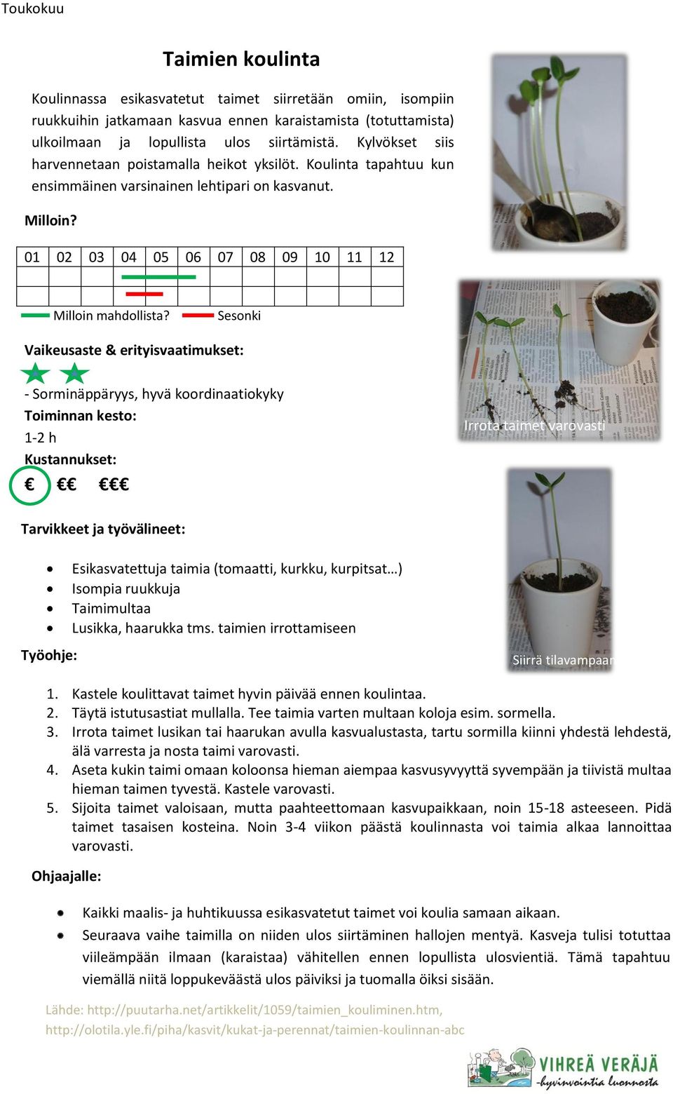 - Sorminäppäryys, hyvä koordinaatiokyky 1-2 h Irrota taimet varovasti Esikasvatettuja taimia (tomaatti, kurkku, kurpitsat ) Isompia ruukkuja Taimimultaa Lusikka, haarukka tms.