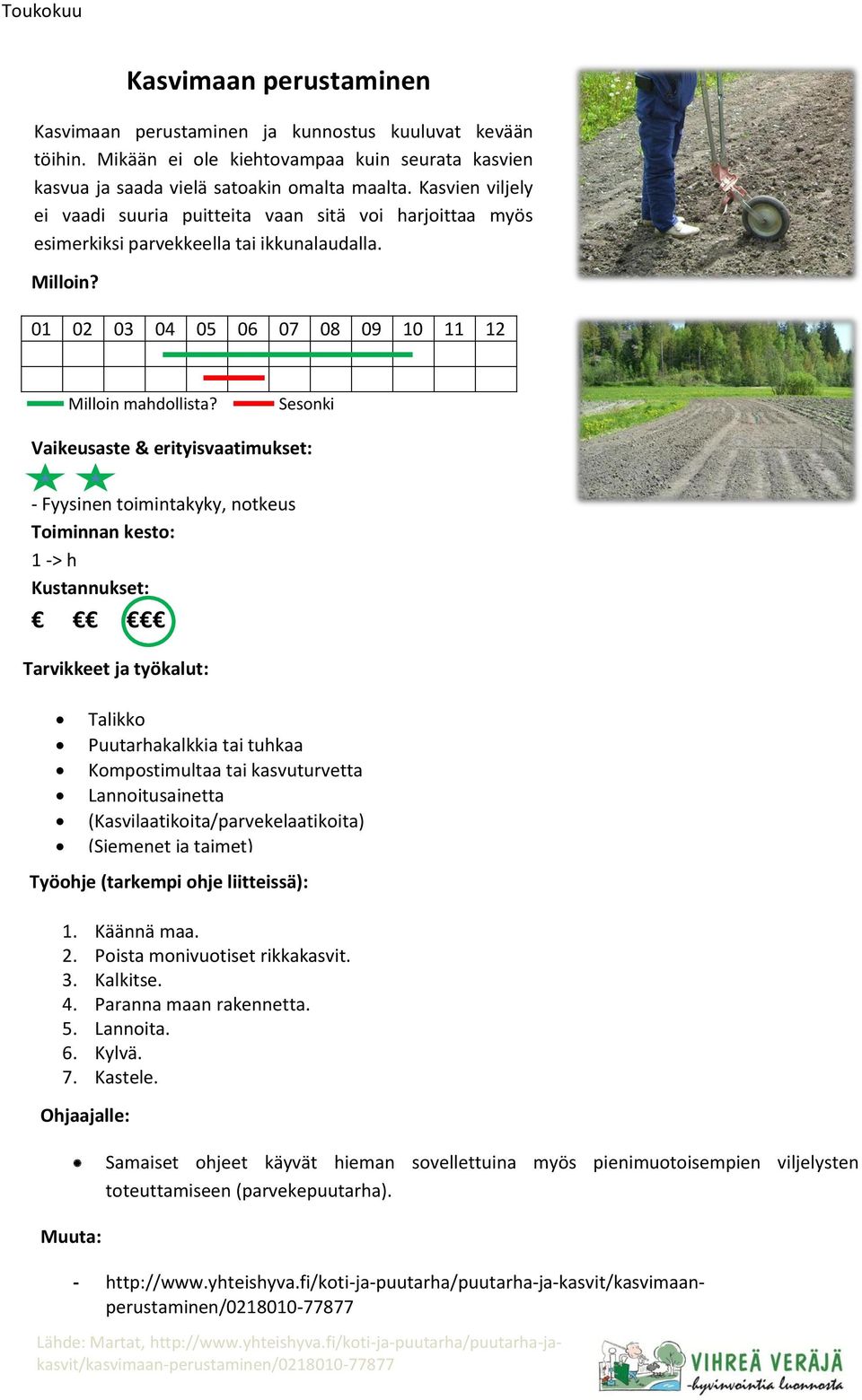 - Fyysinen toimintakyky, notkeus 1 -> h Tarvikkeet ja työkalut: Talikko Puutarhakalkkia tai tuhkaa Kompostimultaa tai kasvuturvetta Lannoitusainetta (Kasvilaatikoita/parvekelaatikoita) (Siemenet ja