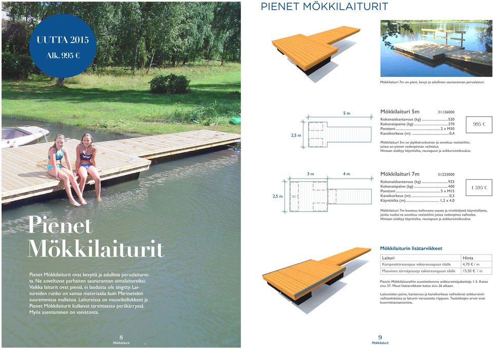 Hintaan sisältyy käyntisilta, reunapuut ja ankkurointikoukut. 995 2,5 m 3 m 4 m Mökkilaituri 7m 31225000 Kokonaiskantavuus (kg)...925 Kokonaispaino (kg)...400 Ponttoni... 5 x M15 Kansikorkeus (m).