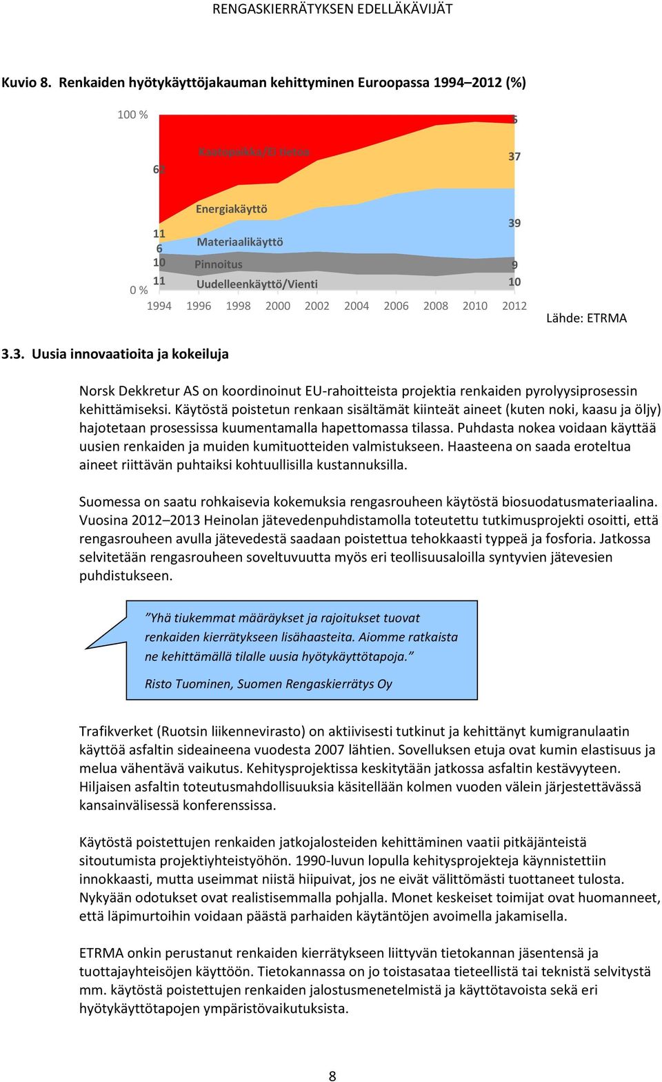 1996 1998 2000 2002 2004 2006 2008 2010 2012 Lähde: ETRMA 3.3. Uusia innovaatioita ja kokeiluja Norsk Dekkretur AS on koordinoinut EU-rahoitteista projektia renkaiden pyrolyysiprosessin kehittämiseksi.
