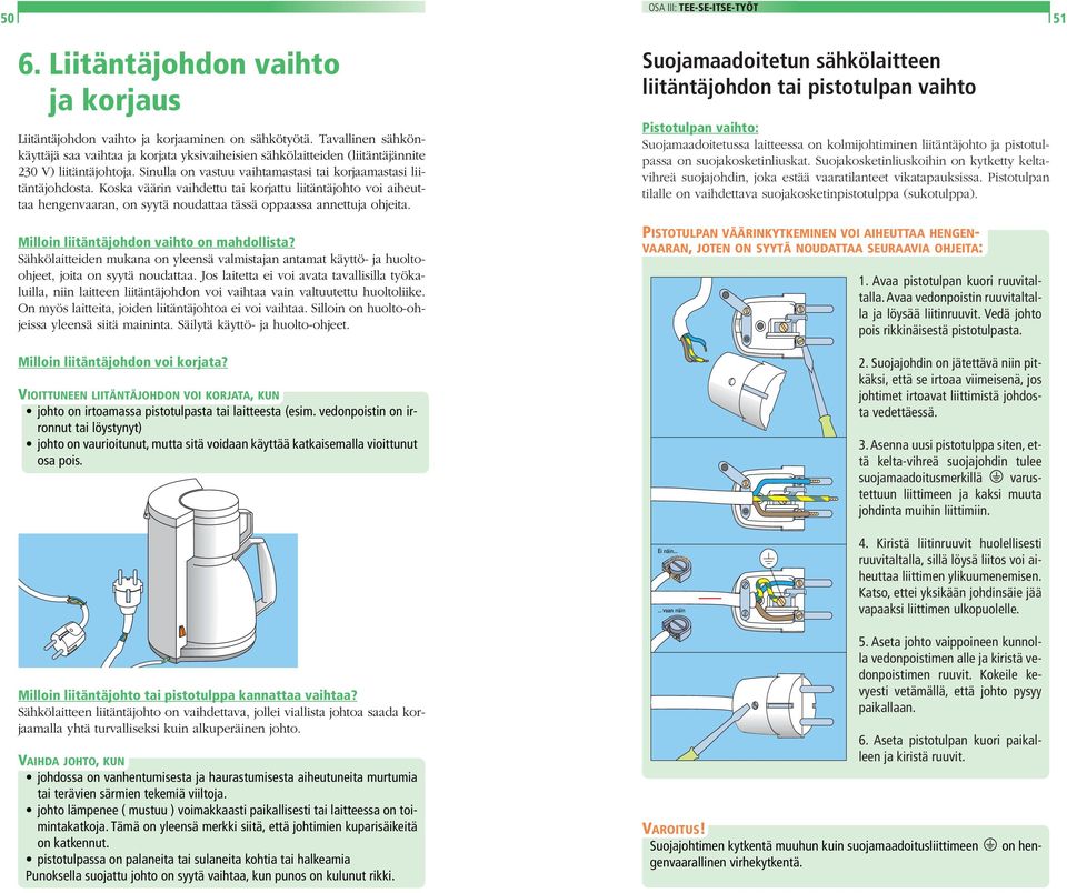 Koska väärin vaihdettu tai korjattu liitäntäjohto voi aiheuttaa hengenvaaran, on syytä noudattaa tässä oppaassa annettuja ohjeita. Milloin liitäntäjohdon vaihto on mahdollista?