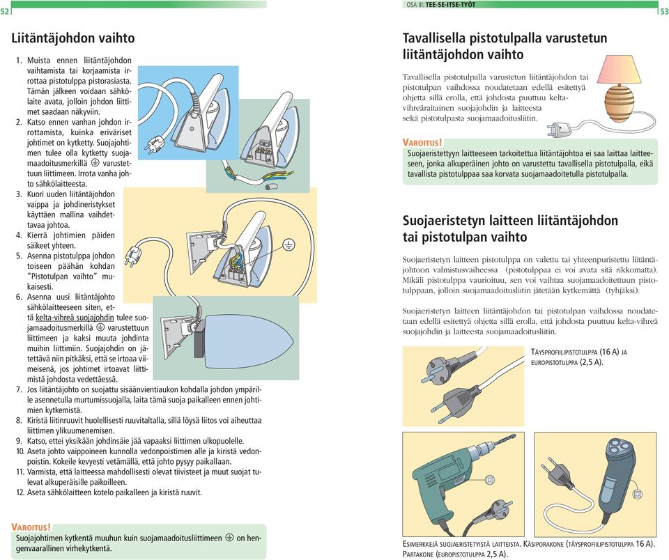 Suojajohtimen tulee olla kytketty suojamaadoitusmerkillä varustettuun liittimeen. Irrota vanha johto sähkölaitteesta. 3.