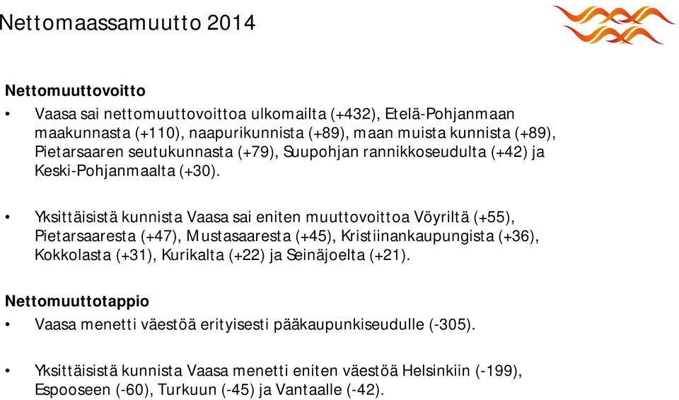 Yksittäisistä kunnista Vaasa sai eniten muuttovoittoa Vöyriltä (+55), Pietarsaaresta (+47), Mustasaaresta (+45), Kristiinankaupungista (+36), Kokkolasta (+31),