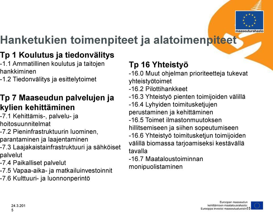 3 Laajakaistainfrastruktuuri ja sähköiset palvelut -7.4 Paikalliset palvelut -7.5 Vapaa-aika- ja matkailuinvestoinnit -7.6 Kulttuuri- ja luonnonperintö Tp 16 Yhteistyö -16.