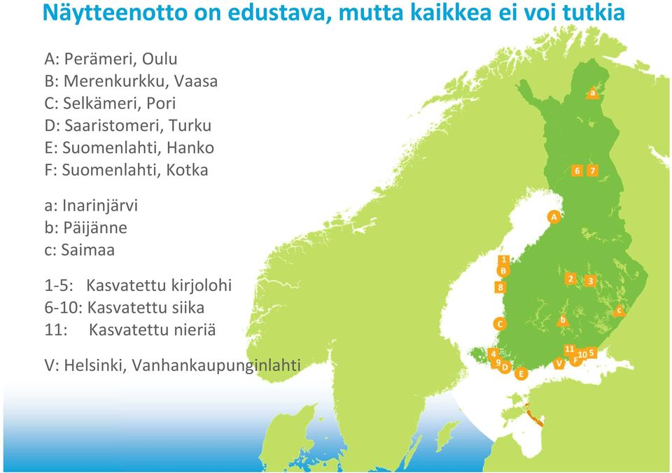 Hanko F: Suomenlahti, Kotka a: Inarinjärvi b: Päijänne c: Saimaa 1 5: Kasvatettu