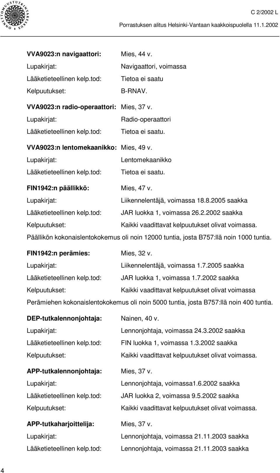 FIN1942:n päällikkö: Mies, 47 v. Lupakirjat: Liikennelentäjä, voimassa 18.8.2005 saakka Lääketieteellinen kelp.tod: JAR luokka 1, voimassa 26.2.2002 saakka Kelpuutukset: Kaikki vaadittavat kelpuutukset olivat voimassa.