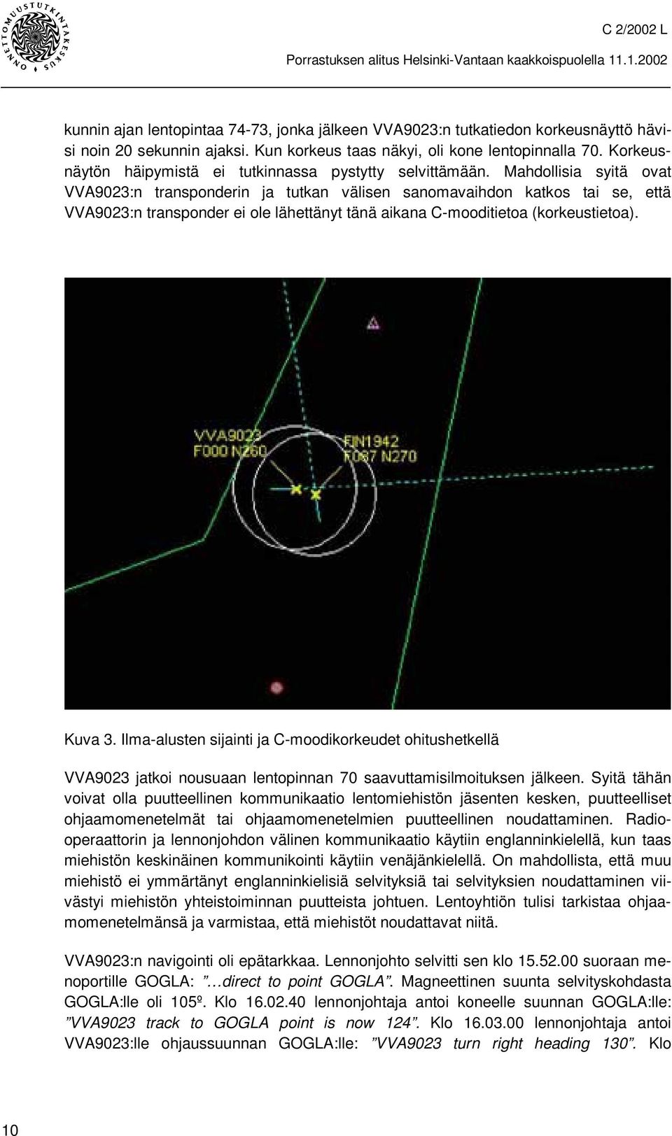 Mahdollisia syitä ovat VVA9023:n transponderin ja tutkan välisen sanomavaihdon katkos tai se, että VVA9023:n transponder ei ole lähettänyt tänä aikana C-mooditietoa (korkeustietoa). Kuva 3.