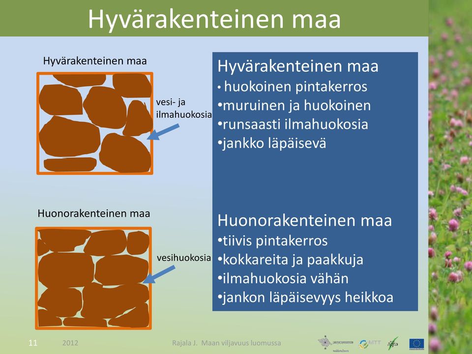 Huonorakenteinen maa vesihuokosia Huonorakenteinen maa tiivis pintakerros kokkareita ja