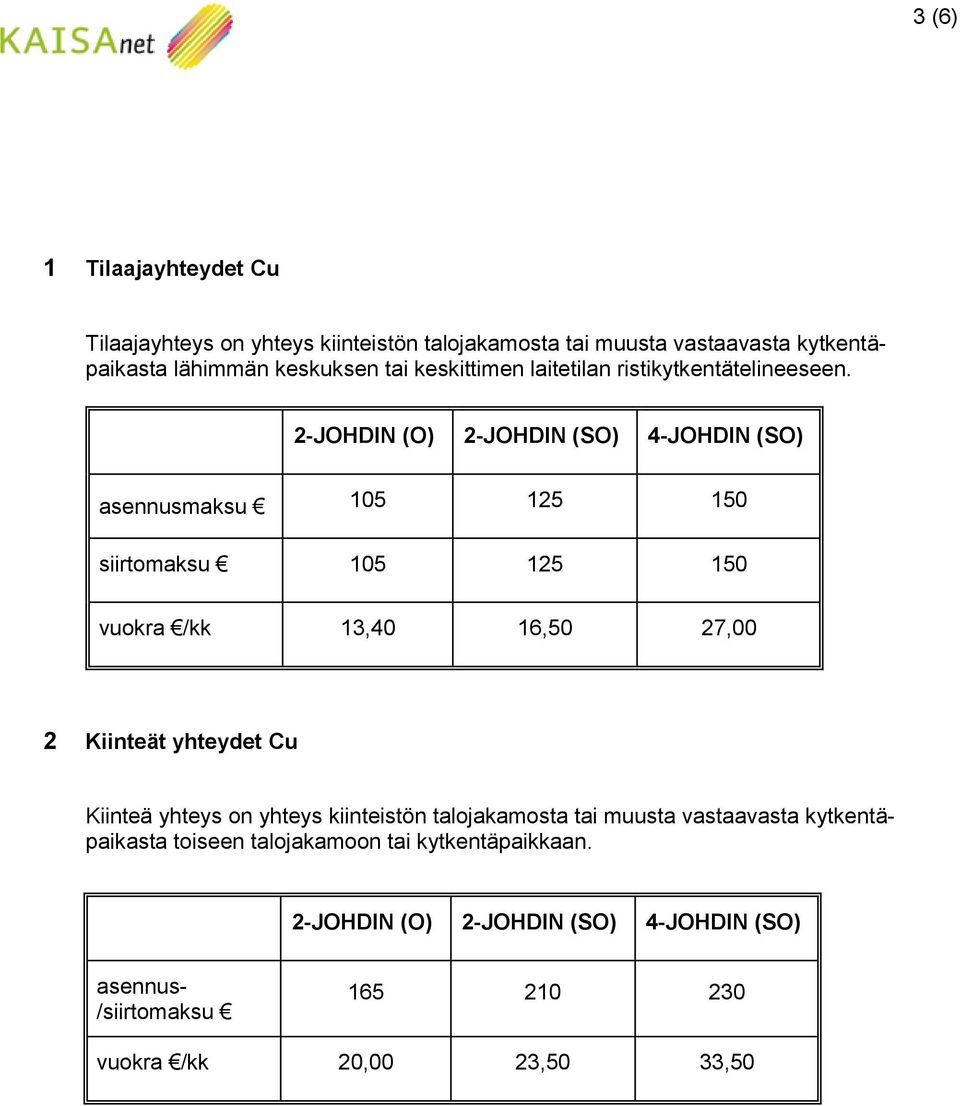 2-JOHDIN (O) 2-JOHDIN (SO) 4-JOHDIN (SO) asennusmaksu 105 125 150 siirtomaksu 105 125 150 vuokra /kk 13,40 16,50 27,00 2 Kiinteät yhteydet Cu