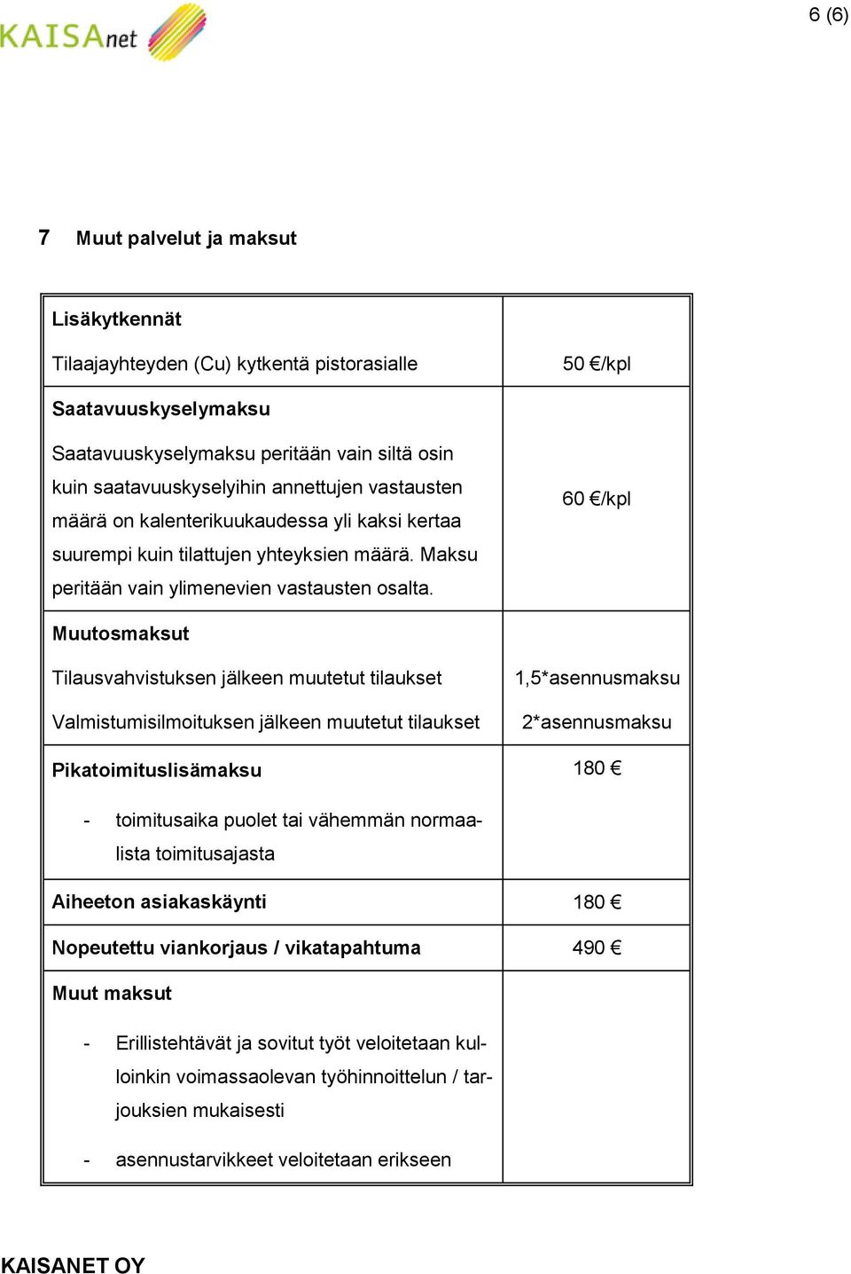 60 /kpl Muutosmaksut Tilausvahvistuksen jälkeen muutetut tilaukset Valmistumisilmoituksen jälkeen muutetut tilaukset Pikatoimituslisämaksu 1,5*asennusmaksu 2*asennusmaksu 180 - toimitusaika puolet