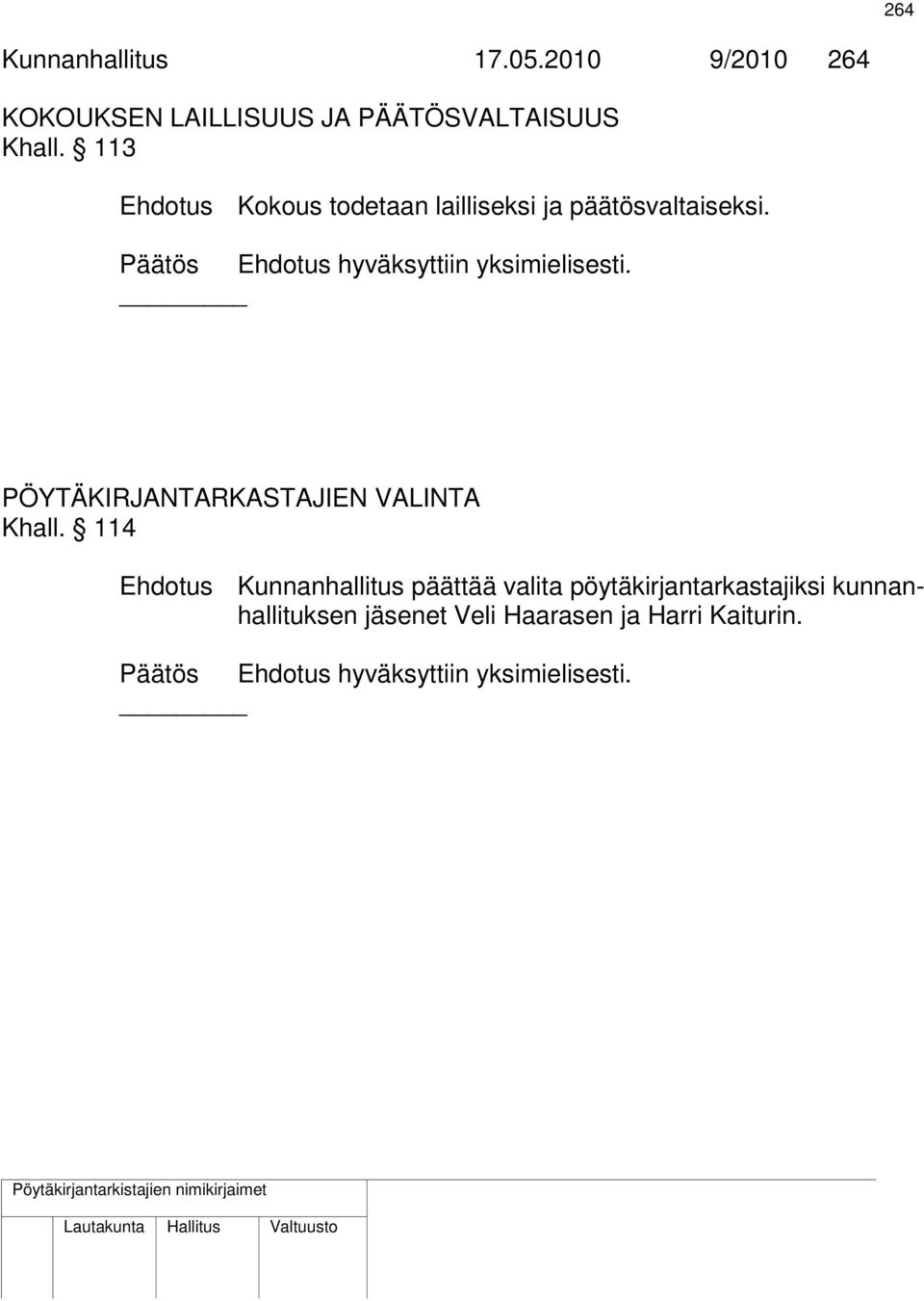 Päätös Ehdotus hyväksyttiin yksimielisesti. PÖYTÄKIRJANTARKASTAJIEN VALINTA Khall.