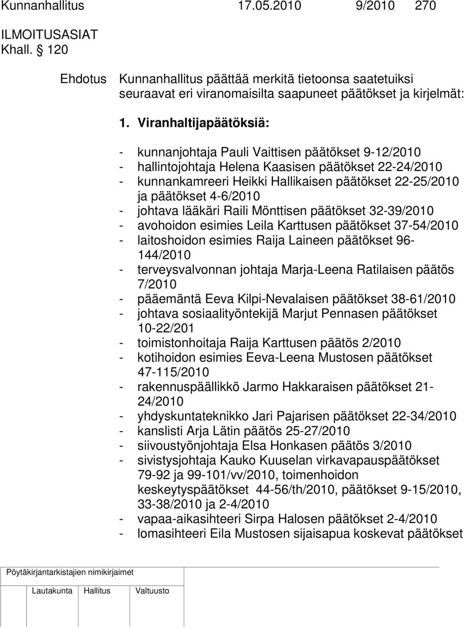 4-6/2010 - johtava lääkäri Raili Mönttisen päätökset 32-39/2010 - avohoidon esimies Leila Karttusen päätökset 37-54/2010 - laitoshoidon esimies Raija Laineen päätökset 96-144/2010 - terveysvalvonnan