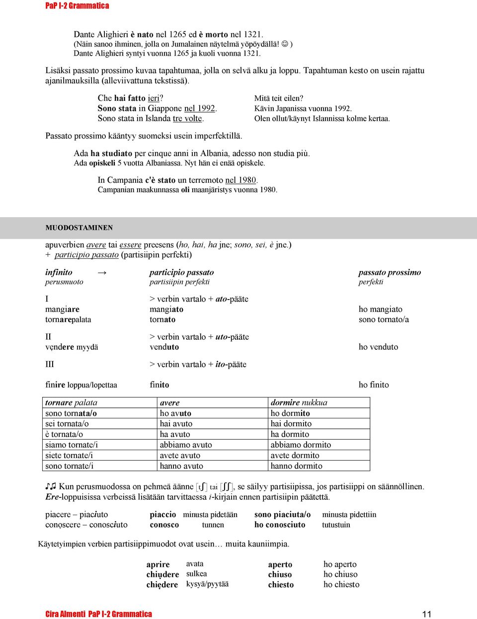 Sono stata in Giappone nel 1992. Kävin Japanissa vuonna 1992. Sono stata in Islanda tre volte. Olen ollut/käynyt Islannissa kolme kertaa. Passato prossimo kääntyy suomeksi usein imperfektillä.