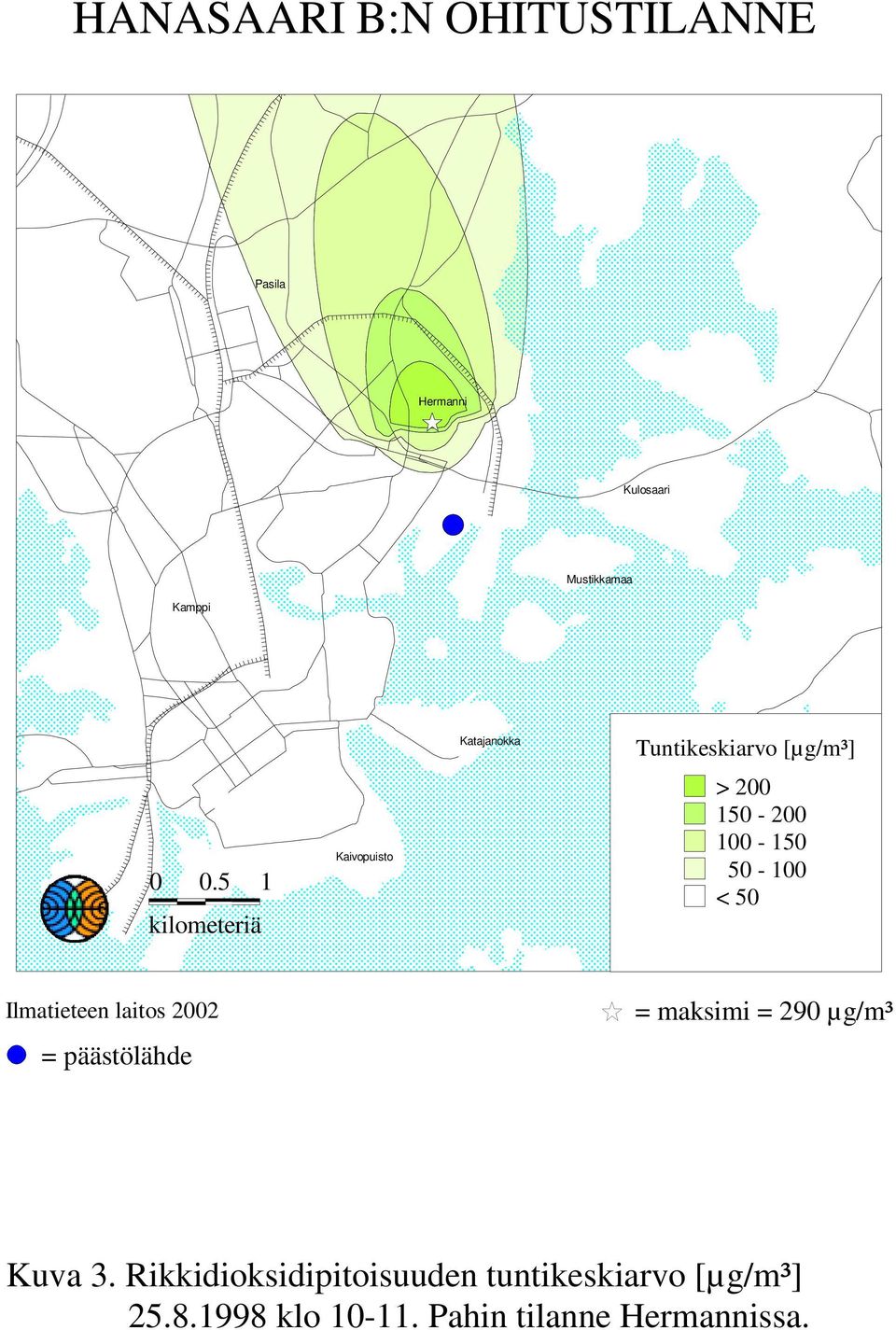 50-100 < 50 Ilmatieteen laitos 2002 = päästölähde = maksimi = 290 µg/m³ Kuva 3.