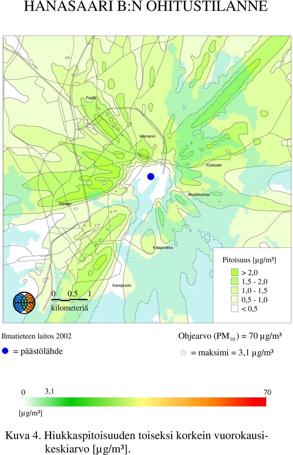 Ilmatieteen laitos 2002 = päästölähde Ohjearvo (PM ) = 70 µg/m³ 10 = maksimi = 3,1