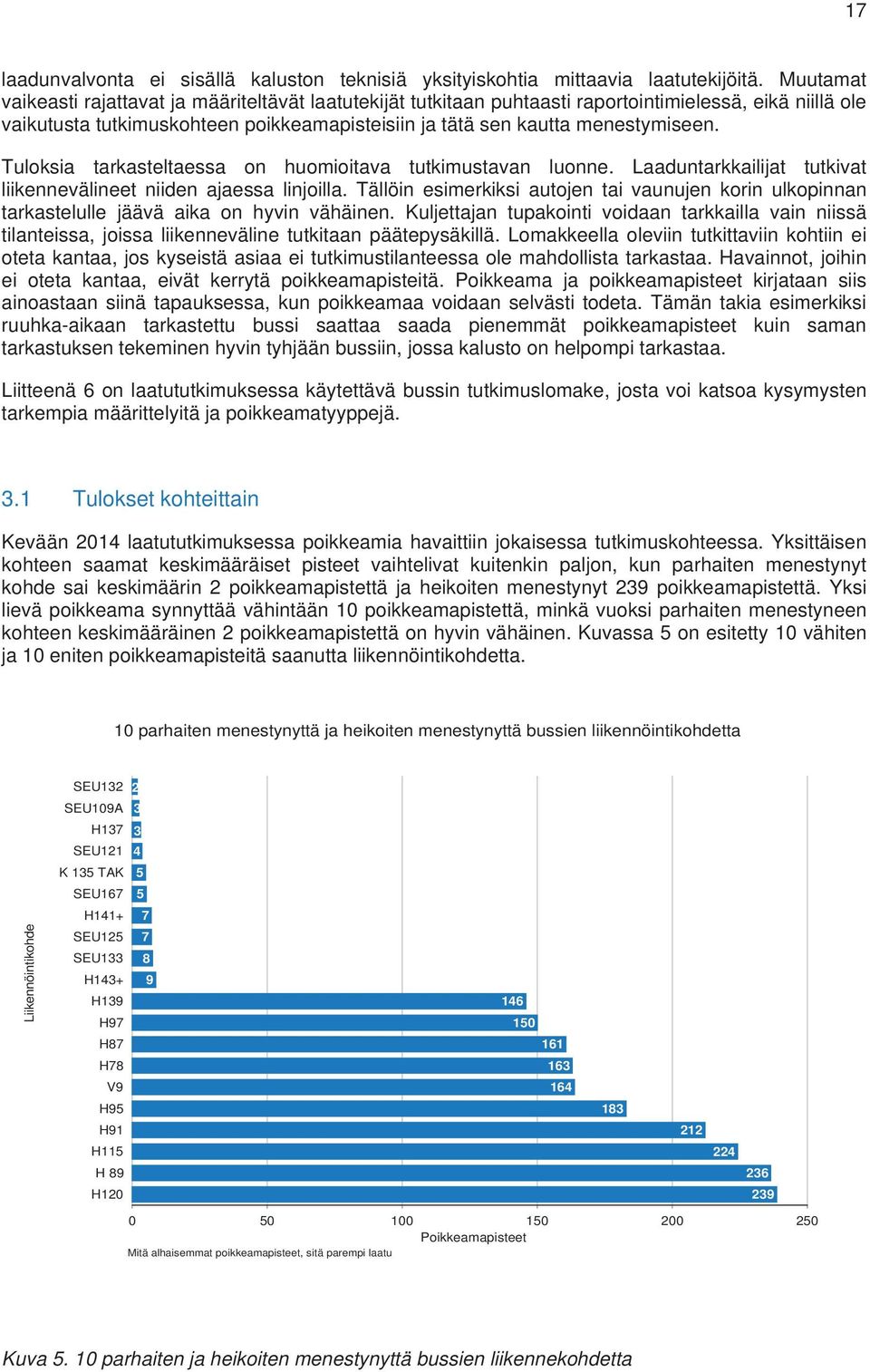 Tuloksia tarkasteltaessa on huomioitava tutkimustavan luonne. Laaduntarkkailijat tutkivat liikennevälineet niiden ajaessa linjoilla.