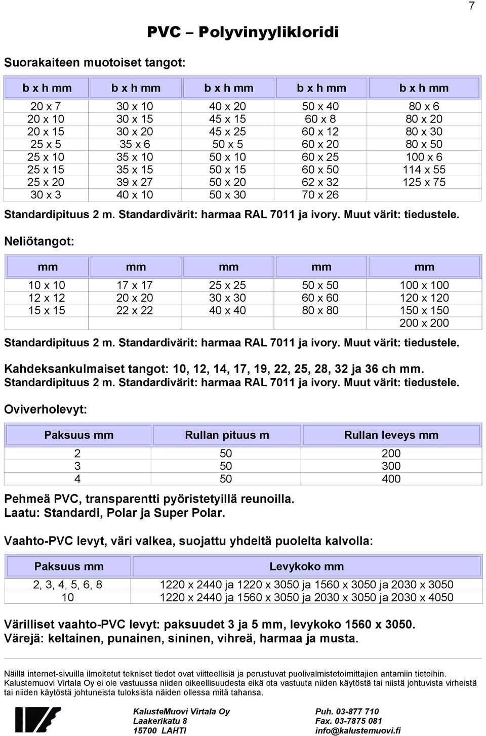 Standardipituus 2 m. Standardivärit: harmaa RAL 7011 ja ivory. Muut värit: tiedustele.