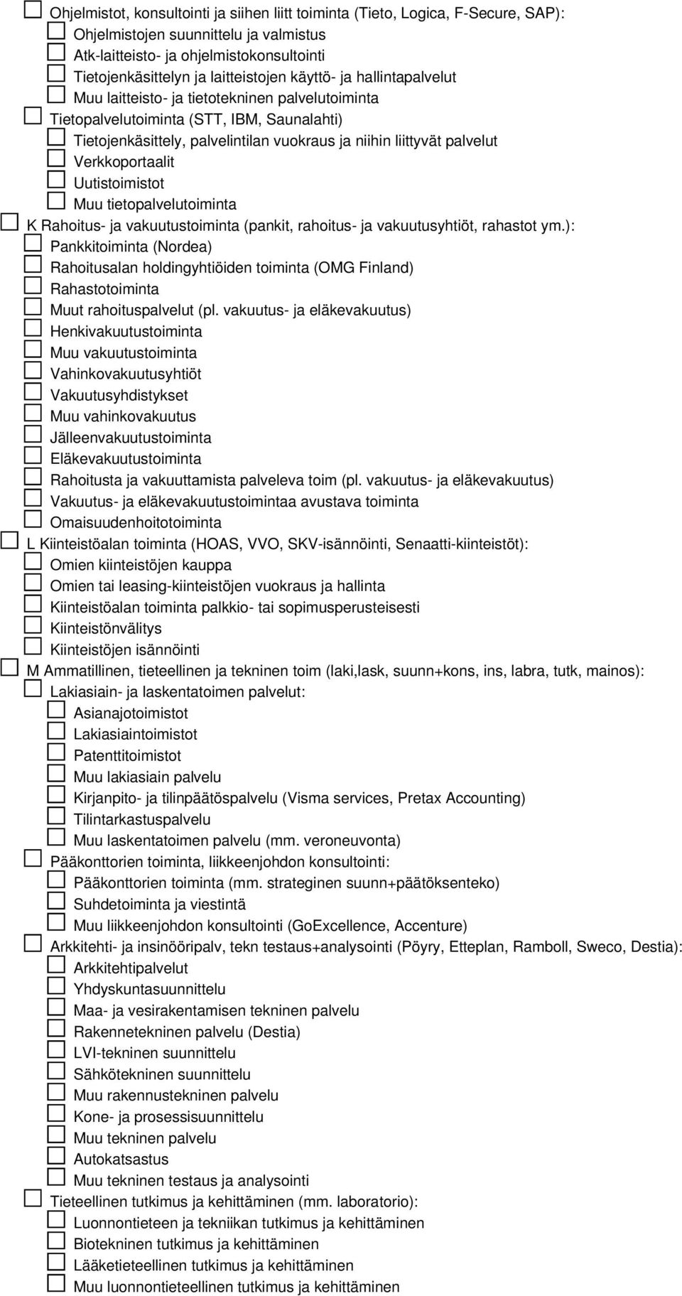 Verkkoportaalit Uutistoimistot Muu tietopalvelutoiminta K Rahoitus- ja vakuutustoiminta (pankit, rahoitus- ja vakuutusyhtiöt, rahastot ym.