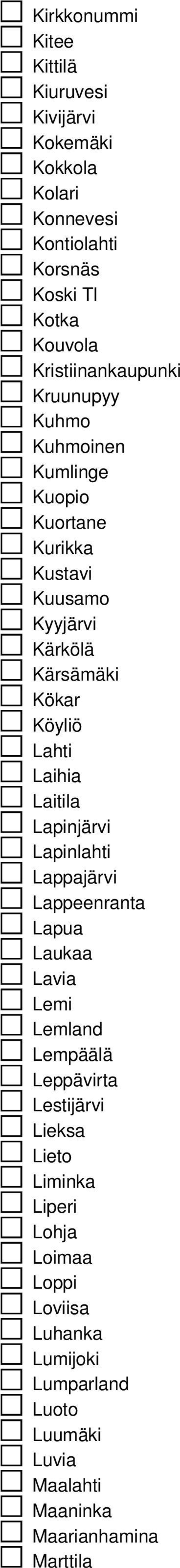 Köyliö Lahti Laihia Laitila Lapinjärvi Lapinlahti Lappajärvi Lappeenranta Lapua Laukaa Lavia Lemi Lemland Lempäälä Leppävirta