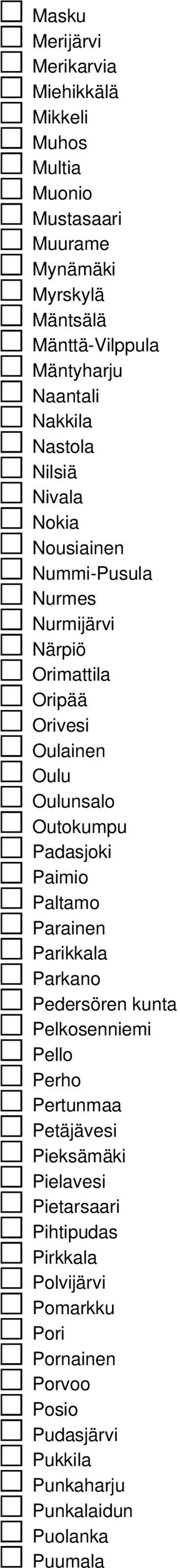 Oulunsalo Outokumpu Padasjoki Paimio Paltamo Parainen Parikkala Parkano Pedersören kunta Pelkosenniemi Pello Perho Pertunmaa Petäjävesi
