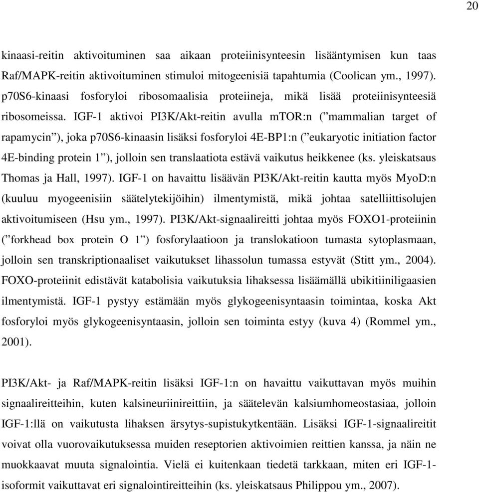 IGF-1 aktivoi PI3K/Akt-reitin avulla mtor:n ( mammalian target of rapamycin ), joka p70s6-kinaasin lisäksi fosforyloi 4E-BP1:n ( eukaryotic initiation factor 4E-binding protein 1 ), jolloin sen