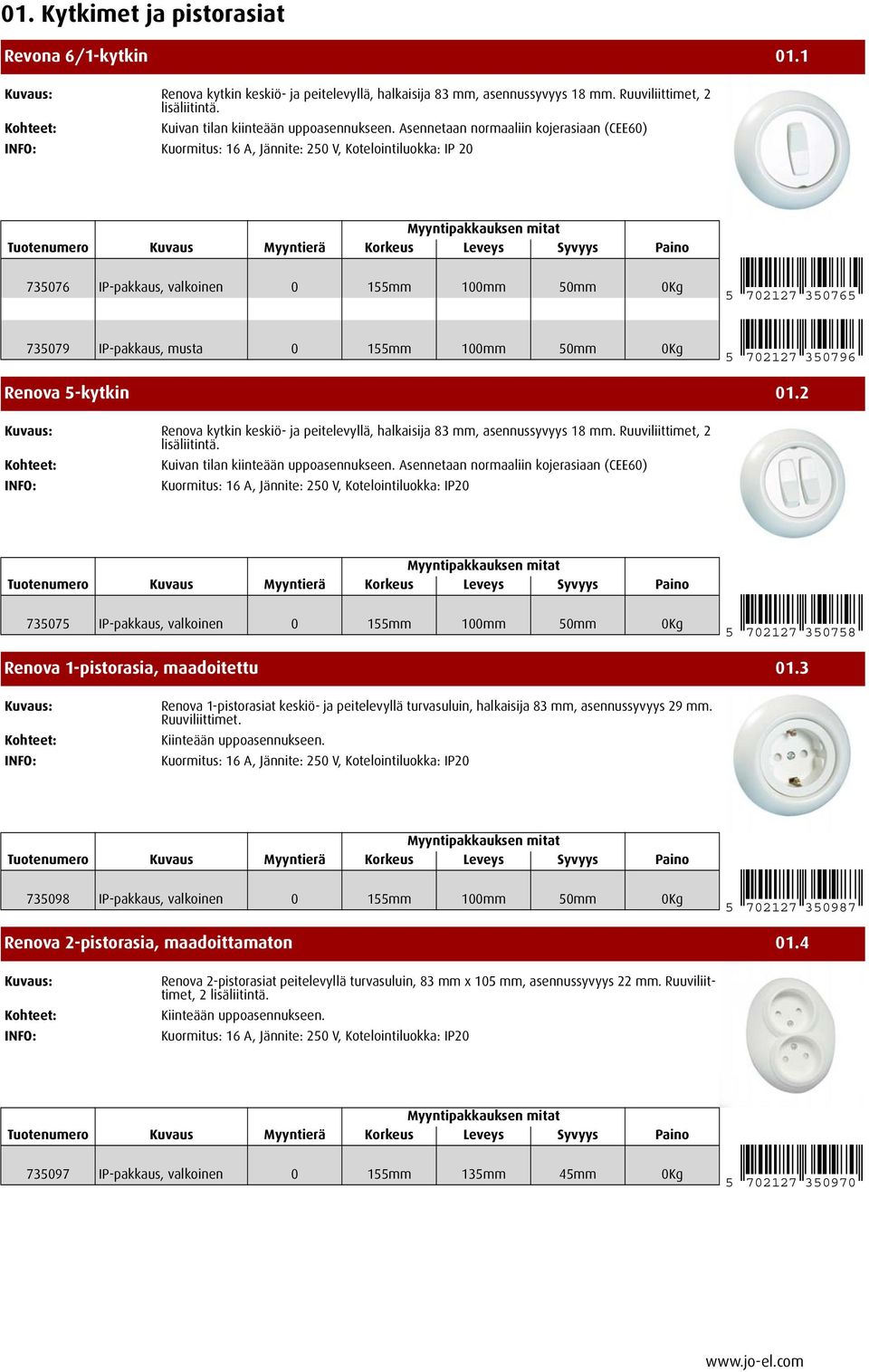 Asennetaan normaaliin kojerasiaan (CEE60) Kuormitus: 16 A, Jännite: 250 V, Kotelointiluokka: IP 20 735076 IP-pakkaus, valkoinen 0 155mm 100mm 50mm 0Kg 5 702127 350765 735079 IP-pakkaus, musta 0 155mm