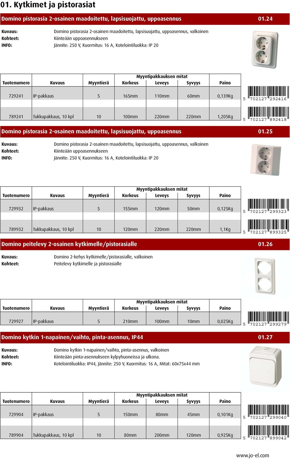 60mm 0,139Kg 5 702127 292416 789241 Tukkupakkaus, 10 kpl 10 100mm 220mm 220mm 1,205Kg 5 702127 892418 Domino pistorasia 2-osainen maadoitettu, lapsisuojattu, uppoasennus 01.