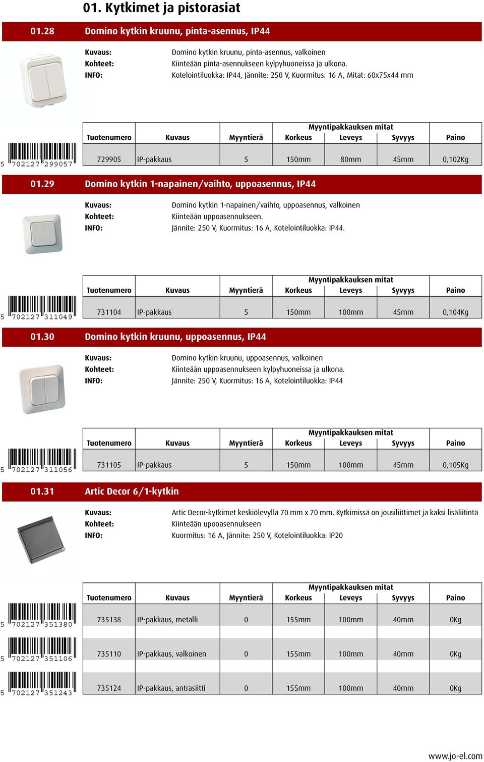 29 Domino kytkin 1-napainen/vaihto, uppoasennus, IP44 Domino kytkin 1-napainen/vaihto, uppoasennus, valkoinen Kiinteään uppoasennukseen. Jännite: 250 V, Kuormitus: 16 A, Kotelointiluokka: IP44.