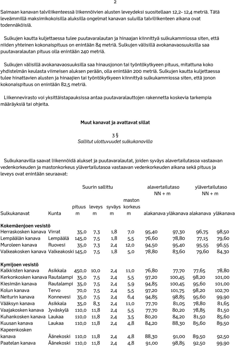 Sulkujen kautta kuljettaessa tulee puutavaralautan ja hinaajan kiinnittyä sulkukammiossa siten, että niiden yhteinen kokonaispituus on enintään 84 metriä.