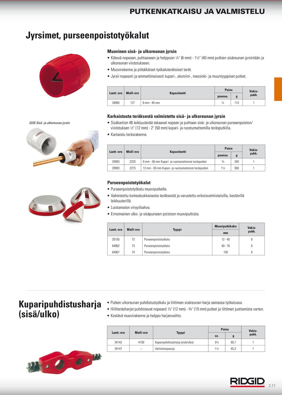 34965 127 6 mm - 40 mm 1 4 113 1 g 223S Sisä- ja ulkoreunan jyrsin Karkaistusta teräksestä valmistettu sisä- ja ulkoreunan jyrsin Sisäkartion 46 leikkuuterää takaavat nopean ja puhtaan sisä- ja