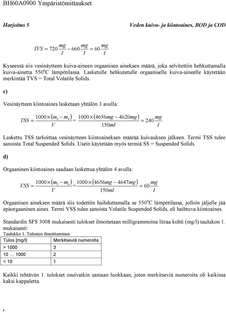 c) esinäytteen kiintoaines asketaan yhtäön 3 avua: 000 5 4 TSS 000 ( 4656 4620) 50m 240 Laskettu TSS tarkoittaa vesinäytteen kiintoaineksen määrää kuivauksen jäkeen.