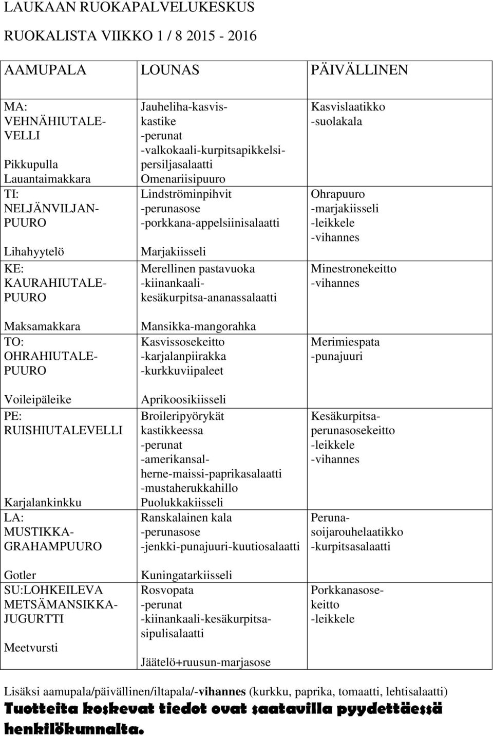 -kiinankaalikesäkurpitsa-ananassalaatti Mansikka-mangorahka Kasvissosekeitto -karjalanpiirakka -kurkkuviipaleet Aprikoosikiisseli Broileripyörykät kastikkeessa