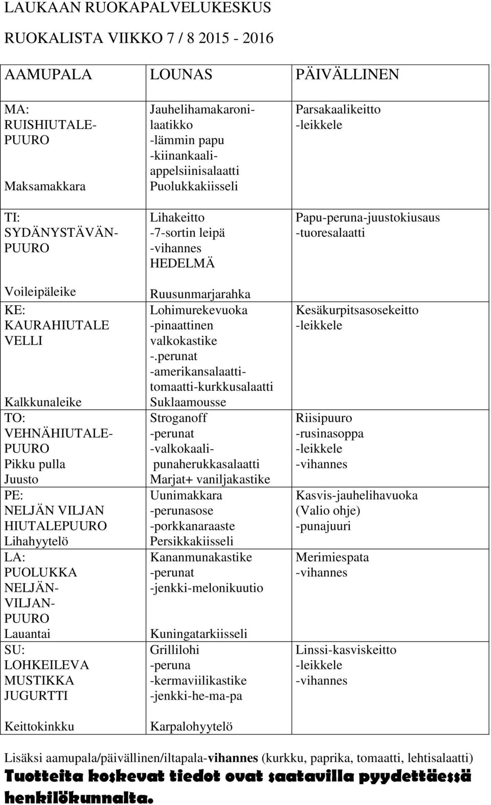 perunat -amerikansalaattitomaatti-kurkkusalaatti Suklaamousse Stroganoff -valkokaalipunaherukkasalaatti Marjat+ vaniljakastike Uunimakkara Persikkakiisseli Kananmunakastike -jenkki-melonikuutio