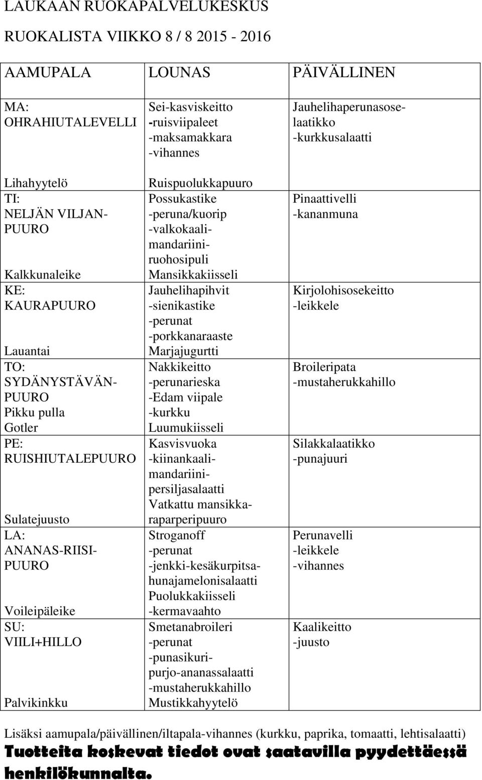 -kurkku Luumukiisseli Kasvisvuoka -kiinankaalimandariinipersiljasalaatti Vatkattu mansikkaraparperipuuro Stroganoff -jenkki-kesäkurpitsahunajamelonisalaatti Puolukkakiisseli -kermavaahto